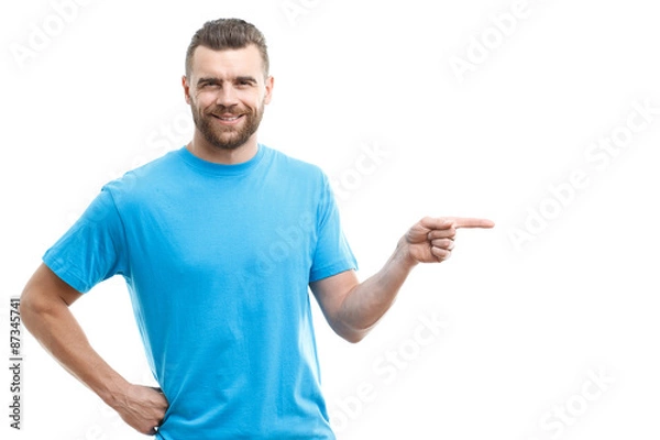 Fototapeta Beard-man pointing aside with finger