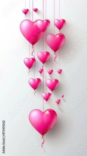 Obraz Pink heart-shaped objects hanging on strings with white background