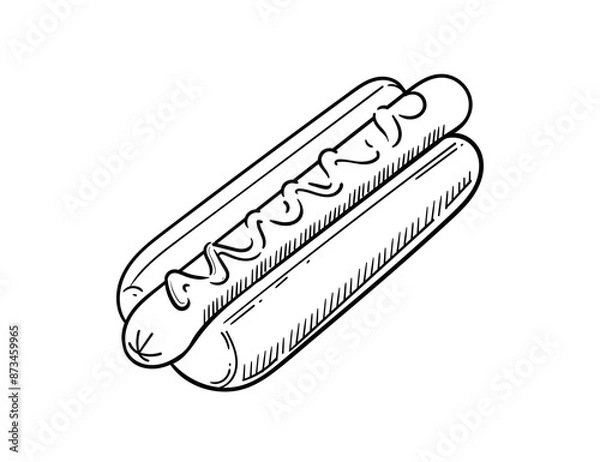 Fototapeta Hand drawn hot dog sketch with sausage and sauce vector illustration isolated on white background