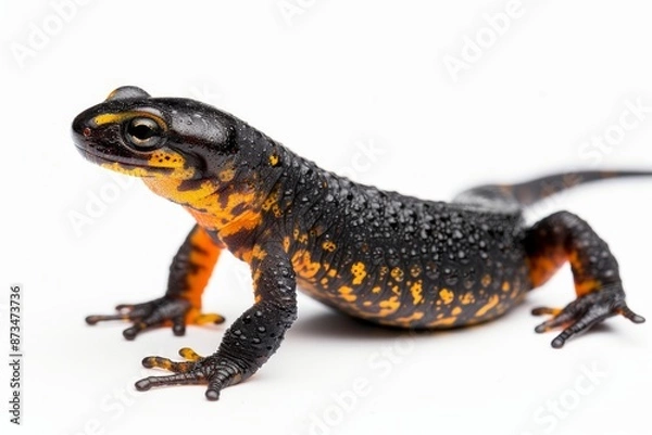 Obraz the beside view Alpine Newt, left side view, white copy space on right, dutch angle view, isolated on white background