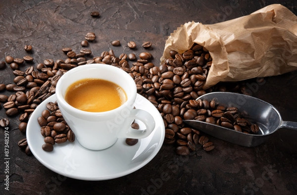 Obraz Espresso and coffee beans on brown roughcast background.