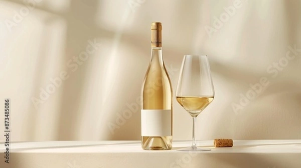Fototapeta Wine bottle and glass of white wine on table with cork