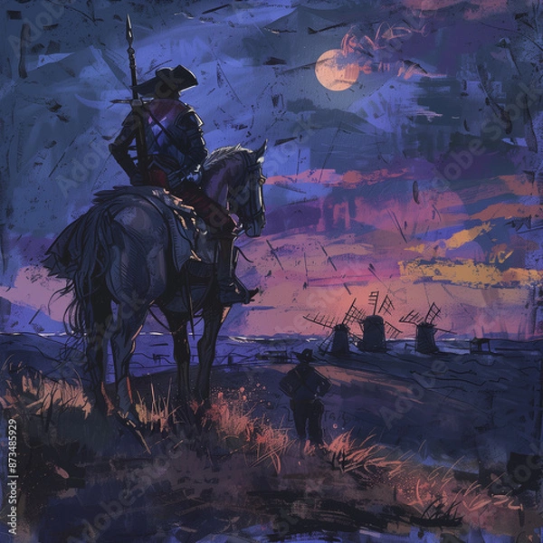 Fototapeta Don Quixote and Sancho Panza gaze at distant windmills, mistaking them for giants. This iconic scene from Cervantes' novel epitomizes the blend of fantasy and reality.