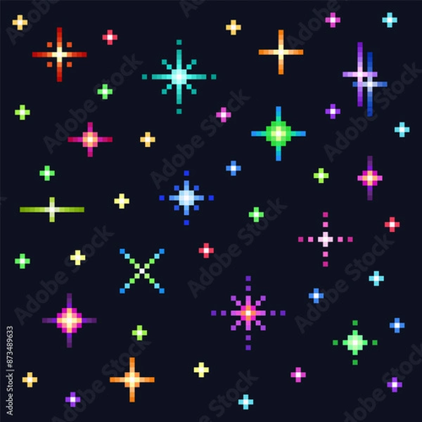Fototapeta Pixel art of stars set. Star, glitter, sparkles. Pixelated starry sky signs. Space shining object collection. Videogame icons. 8 bit retro style vector illustration