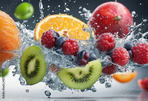 Fototapeta Delicious fresh fruits with water splash over isolated white background, ad shot