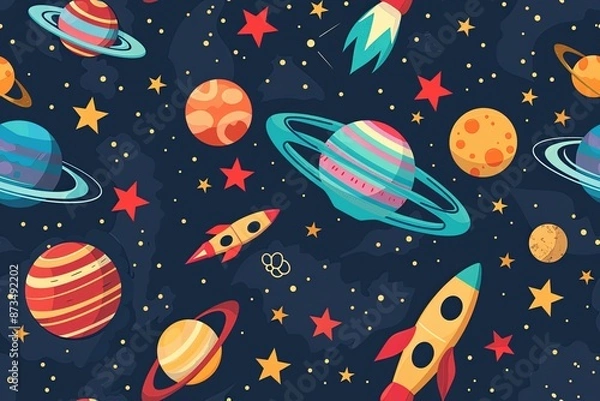 Fototapeta Colorful Rockets And Planets In A Starry Night Sky Seamless Pattern