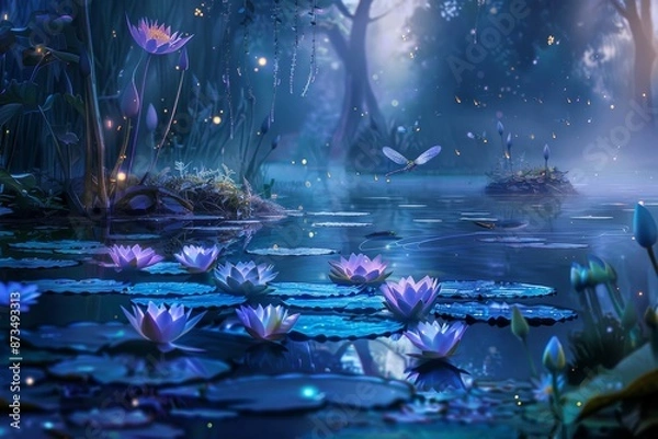 Obraz mystical pond blue lily pads purple firefly with light colored forest background 