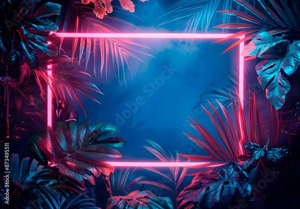 Fototapeta High-resolution illustration of a neon pink and blue frame with tropical leaves. Minimalist 3D game art style with no gradient shading or shapes. Ideal for flyers or posters. Generative Ai.