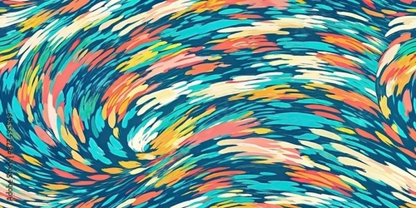 Obraz A vibrant abstract background with a blend of vivid colors like blue, green, red, and yellow, seamlessly merging in a gradient. The composition features fluid shapes such as circles, wavy lines, and c