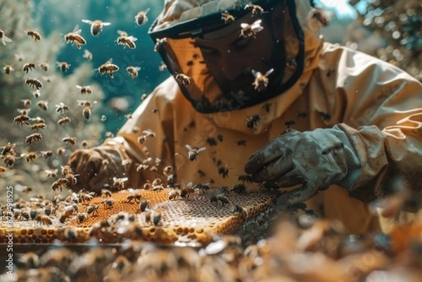 Fototapeta A beekeeper works with a honeycomb, surrounded by a flurry of bees, in a sunny bee yard