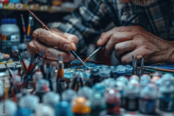 Fototapeta The artist's hands meticulously blend colors on a canvas, surrounded by a vibrant array of paint tubes and brushes