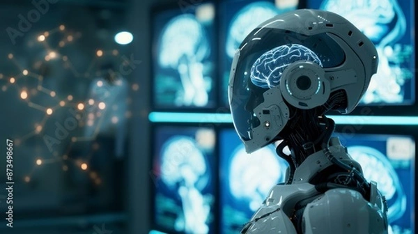 Fototapeta robot with human brain in a laboratory