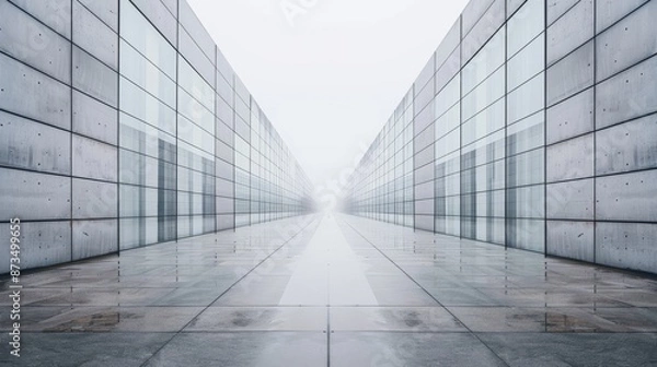 Fototapeta A minimalist photo depicts two symmetrical office buildings, their walls seamlessly connecting to create one long structure and creating an illusion of infinity