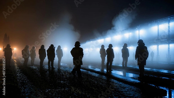 Obraz people standing in a line in the fog at night