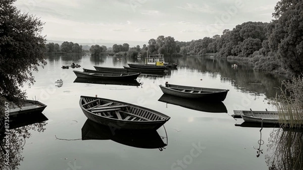 Fototapeta several boats are docked on the water near a tree lined shore