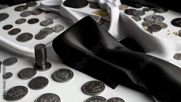 Obraz a black tie and some coins on a table