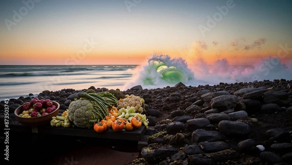 Obraz many different types of fruits and vegetables on the beach