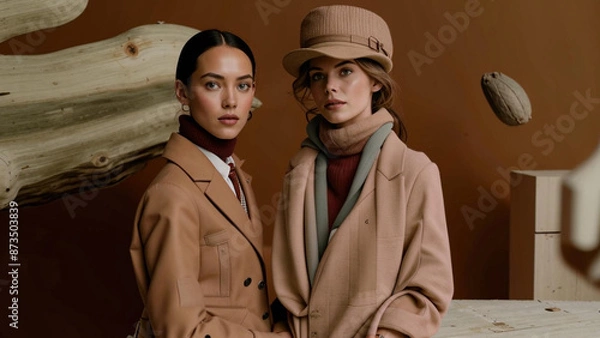 Obraz two women in coats and hats standing next to each other