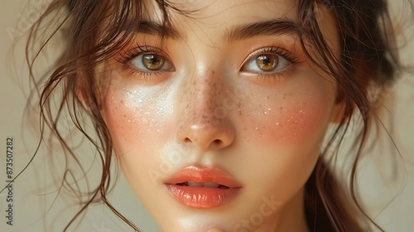 Obraz Close-up portrait of young Asian beautiful woman with K-beauty make up style and healthy and perfect skin isolated on beige background for skincare commercial product advertising.	