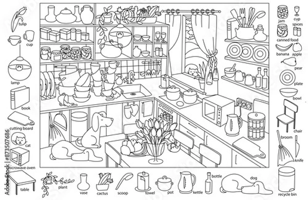 Fototapeta Find and color hidden objects in the picture. Kitchen interior with furniture and home objects. Cozy family eating room. Linear sketch vector illustration.