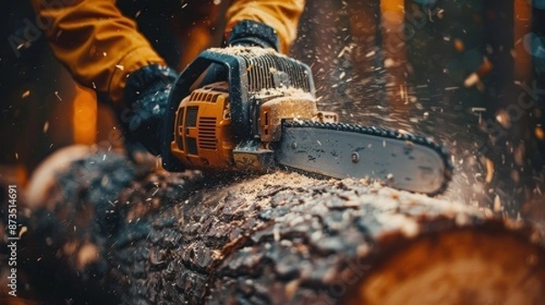 Obraz sawing a tree trunk with a chainsaw