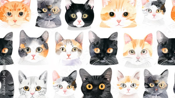 Fototapeta Cute cats collection on white background. Colorful graphic cats, poster design.