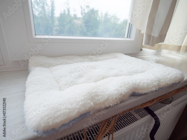 Obraz Pillow for a cat on a window sill, fluffy white, soft pet bed with fluff.