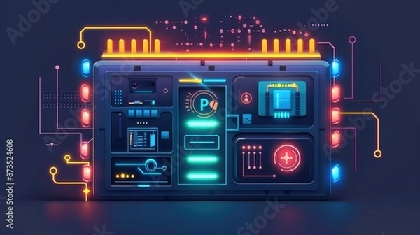 Obraz Futuristic Server Rack with Neon Circuitry