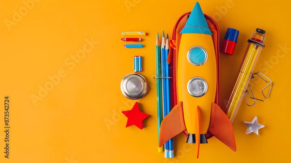 Obraz Rocket shaped pencil case with school supplies on an orange background, ideal for back-to-school themes and educational projects, copy space available.