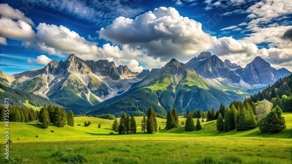 Fototapeta Scenic mountain range under a blue sky with fluffy clouds and a green meadow in the foreground, mountains, range, sky, clouds