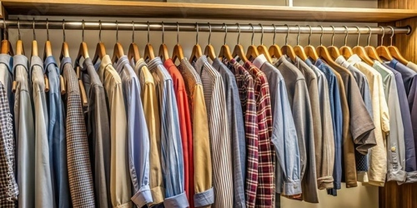 Fototapeta Clothes hanging neatly on hangers in a closet , wardrobe, organization, fashion, closet, tidy, clothing, apparel, hangers, hanged