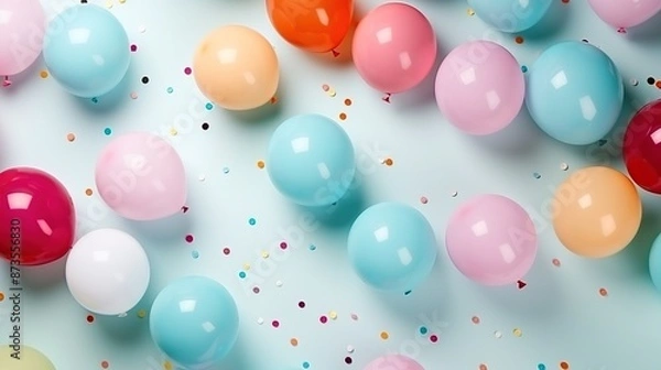 Fototapeta Colorful Balloons and Confetti on a Blue Background