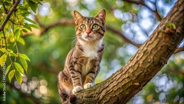 Fototapeta Cat perched on a tall tree branch, looking curious and alert, feline, animal, tree, climbing, outdoor, nature, watchful, fluffy, cute