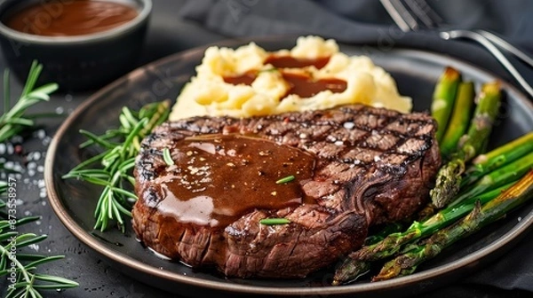 Fototapeta Juicy steak with mashed potatoes, rich gravy, and asparagus, served on a rustic wooden table, isolated background, professional studio lighting, dark background