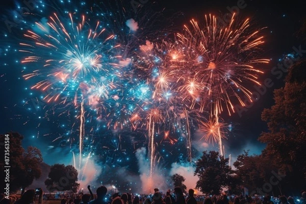 Fototapeta Fireworks are lit up in the night sky above a crowd