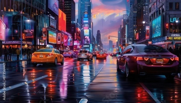 Fototapeta Oil painting on canvas of a bustling city street, rich and vivid colors, intricate details, dynamic urban scene, high definition, expressive brushwork, modern art style