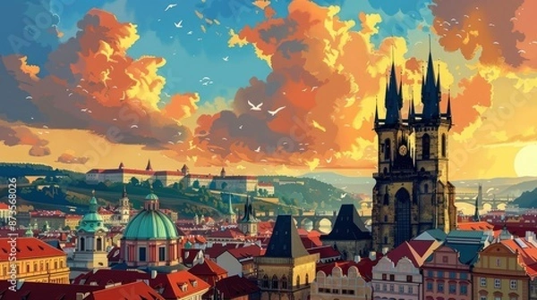 Fototapeta  Vintage travel poster of Prague, flat design of Astronomical Clock, medieval charm and bustling squares,