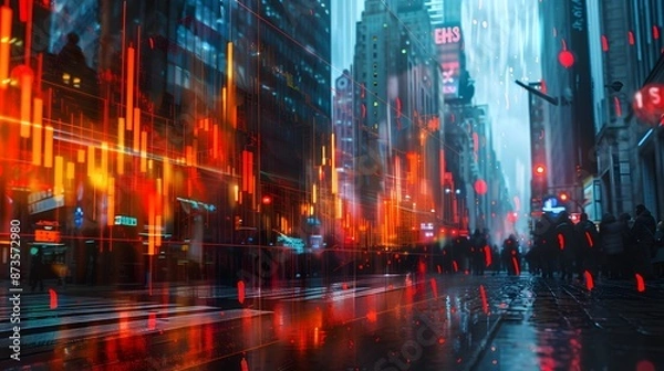 Fototapeta A graph with a sharp downward trend is superimposed over images of closed businesses and worried owners.