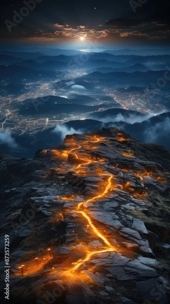 Fototapeta a man walks down a mountain with a light on his back.
