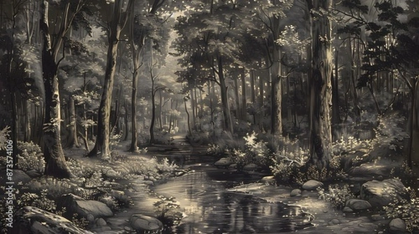 Fototapeta Detailed engraving of forest with diverse trees, undergrowth, and meandering stream: rich natural background.