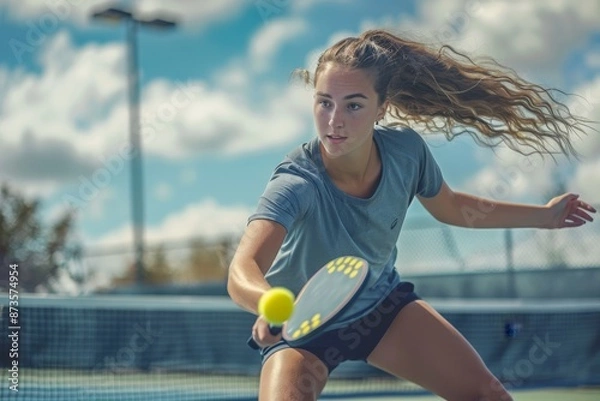 Fototapeta Sunny day pickleball  young woman enjoying and having fun playing pickleball on the court