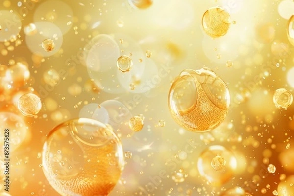 Fototapeta Golden serum bubbles  abstract dna cosmetics background with collagen molecule fluid for skin health