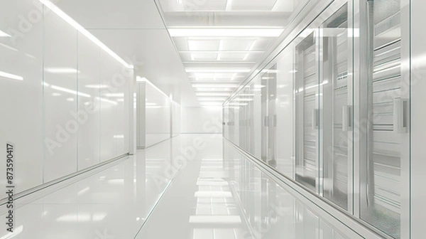 Obraz Photorealistic 3D representation of a white server room with sleek server racks and clean white walls soft ambient lighting modern and efficient design emphasis on simplicity and functionality 