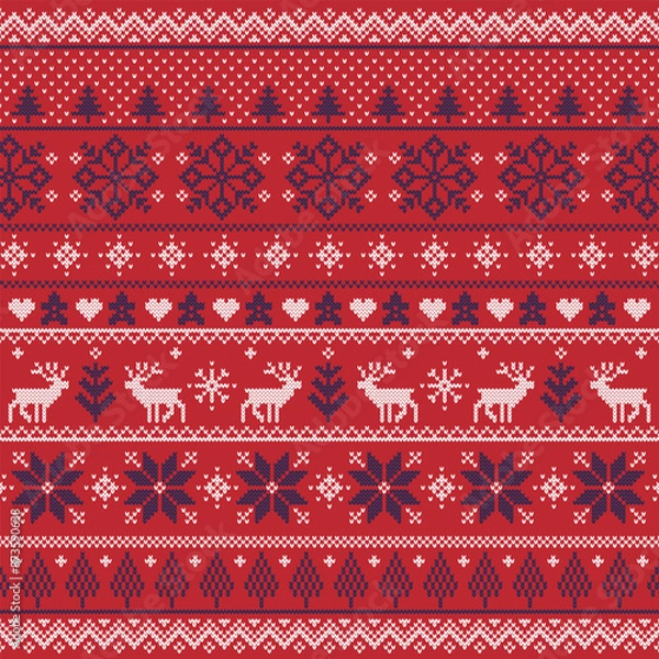Fototapeta ノルディックパターン赤-冬のモチーフ
