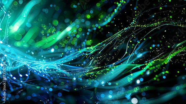 Fototapeta Photorealistic  illustration of a big data concept with dynamic network lines and nodes bright blue and green colorsfocus on advanced technology and data analysis 