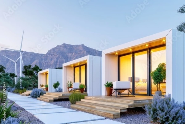 Fototapeta Modern eco-friendly tiny houses with outdoor seating, mountain background, and wind turbine on sustainable landscape at dusk.
