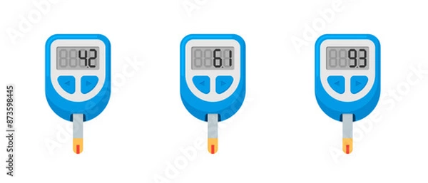 Fototapeta Glucometer set. Diabetic glucose measuring device. Normal, risk and high blood sugar level test control. Diabetes indication measurement collection vector eps isolated