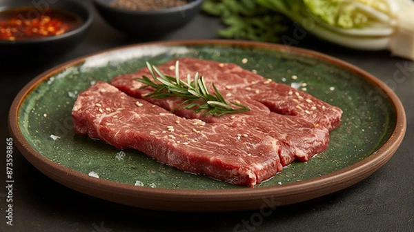 Fototapeta Steak, Japanese and beef, fresh, ice, on a cabbage plate with a monochrome background.