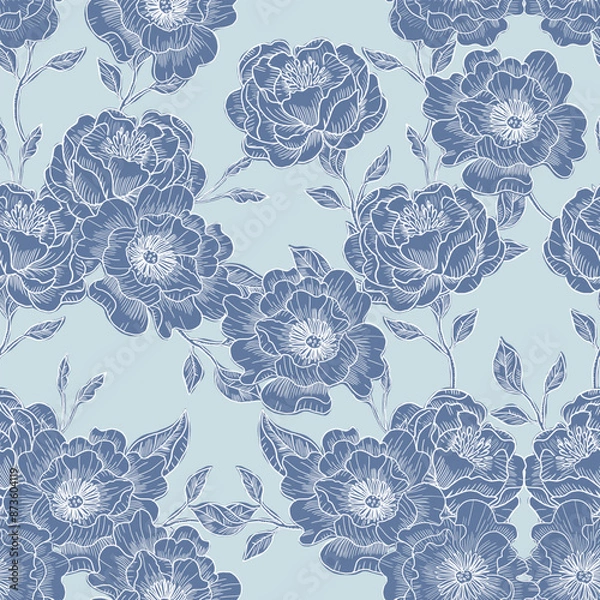 Fototapeta Blue Hand Drawn Rose and Peony Flower Seamless Pattern