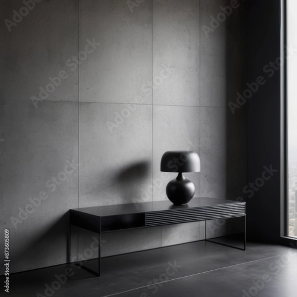 Obraz Grey wall panels and a black side table in minimalistic interior design composition.

